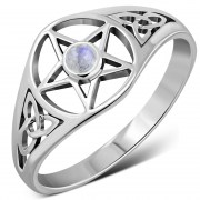 Rainbow Moonstone Pentacle Silver Ring, r619